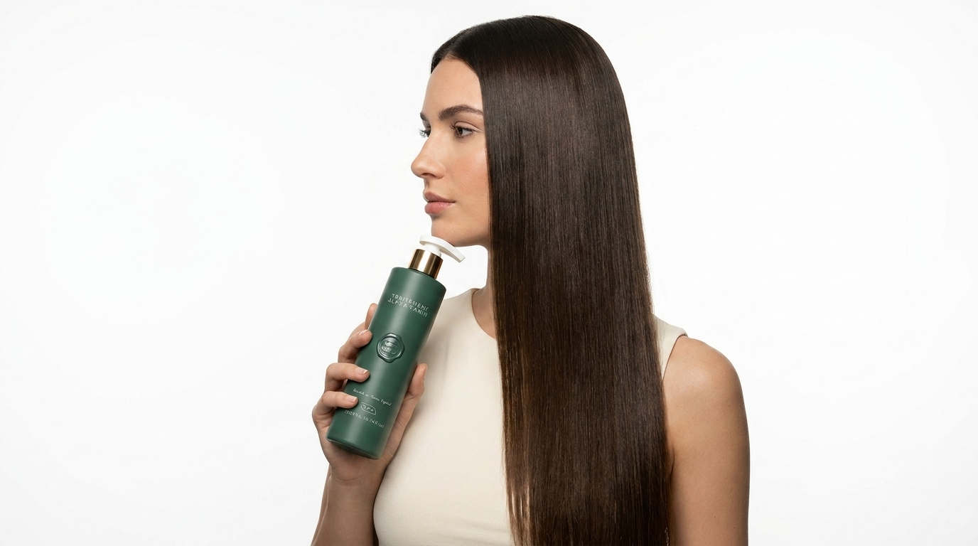Femme aux cheveux lisses parfaits tenant la bouteille Traitement Alpha Tanin Extensohair - lissage naturel sans formol