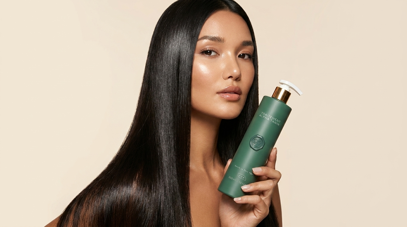 Femme aux cheveux courts lisses et brillants tenant l'Alpha Tanin ExtensoHair fond beige studio